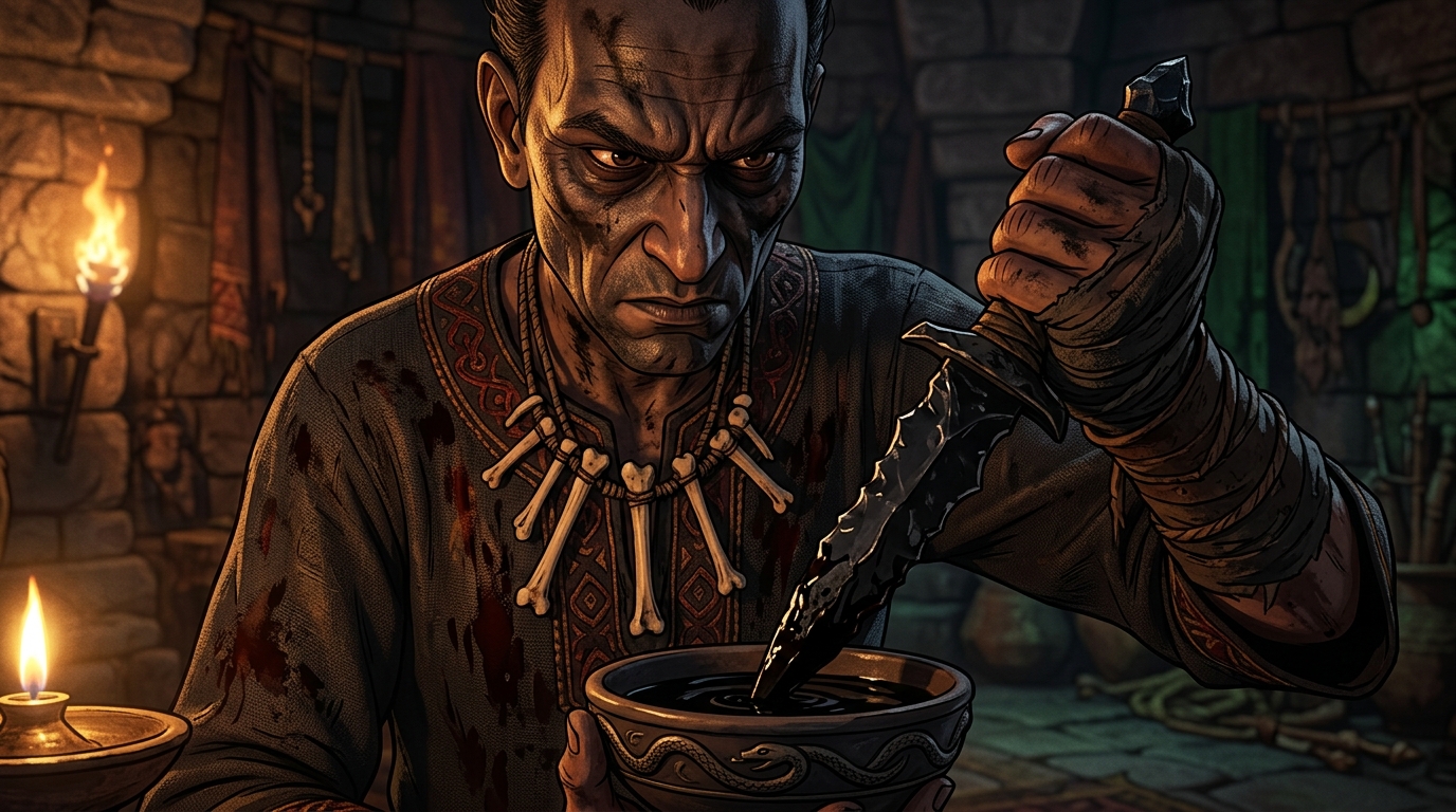 Macro shot: Kankalika dipping curved jagged dagger into bowl of black serpent venom