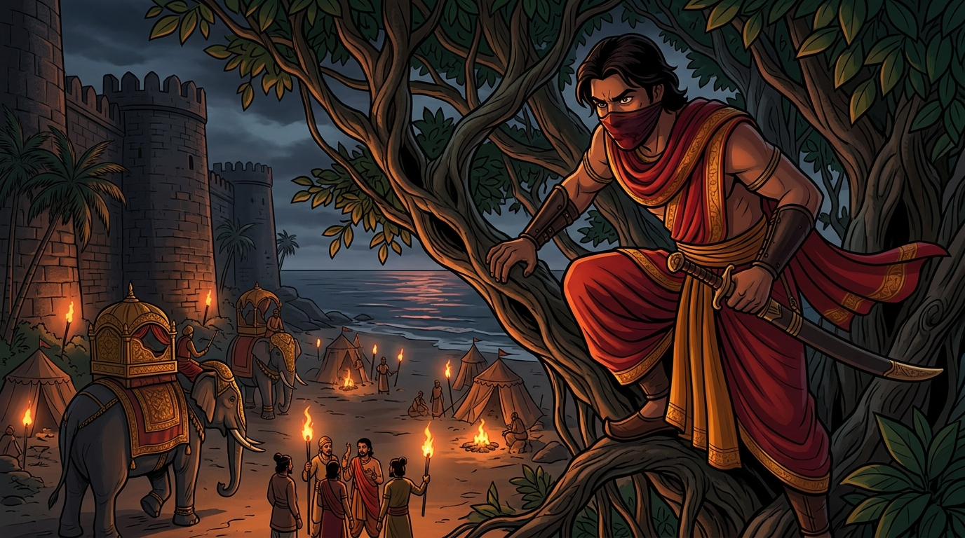 Mantragupta overhears the entire treasonous conspiracy from hollow branches his hand tightening on sword