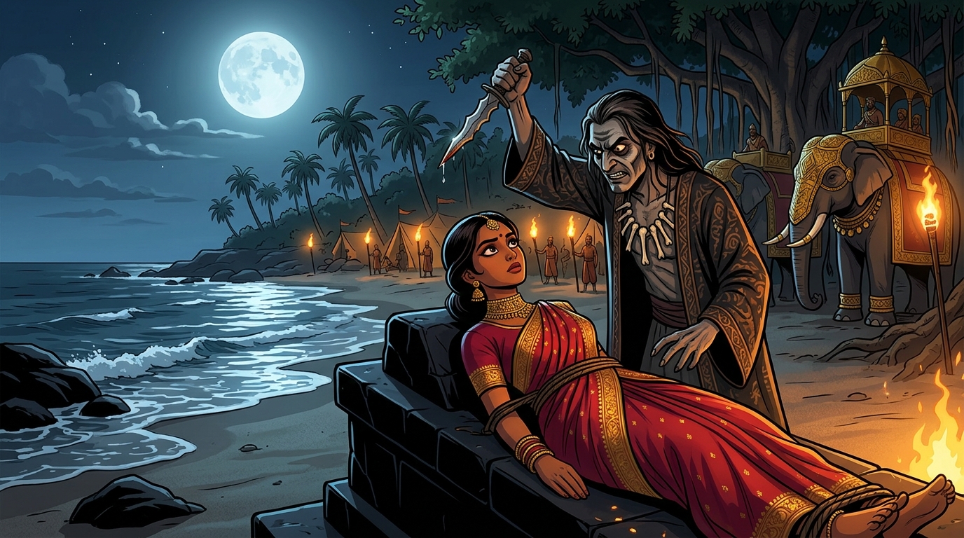 Midnight beach altar: Princess Kanakalekha bound on black stone as Kankalika raises venomous dagger