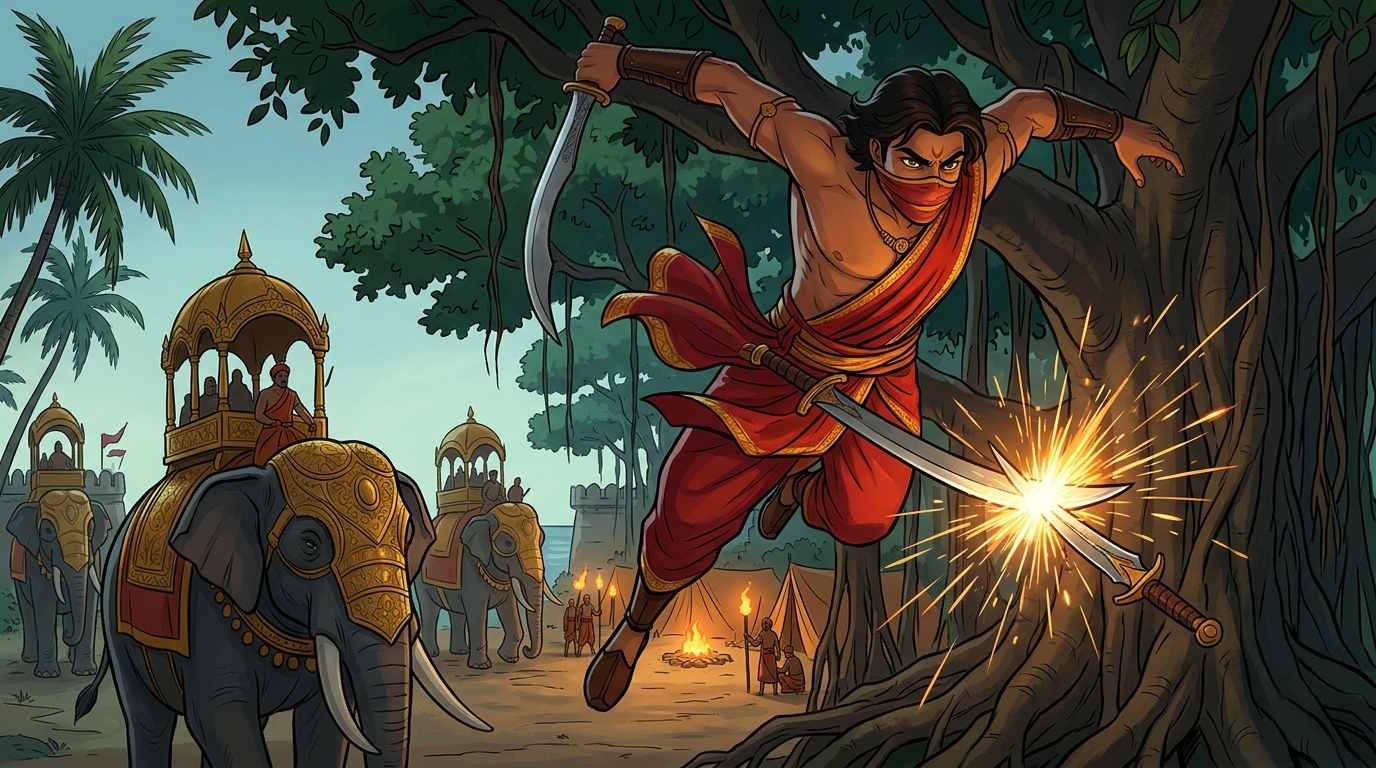Dramatic action: Mantragupta leaps from banyan branches his blade striking sorcerer dagger into sparks