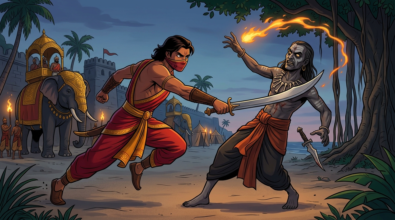 Ferocious duel on sand: Kankalika hurls occult fire but Mantragupta parries running the sorcerer through