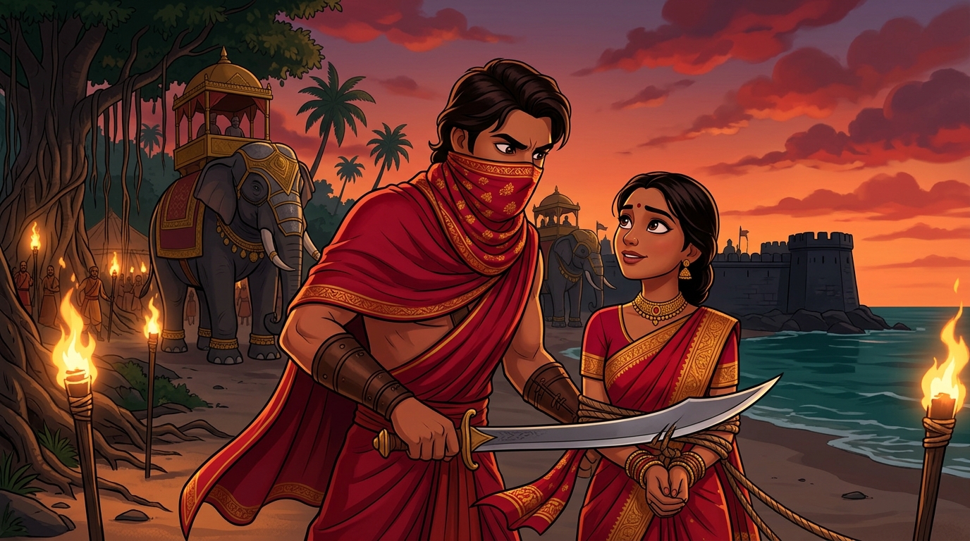 Mantragupta cuts Princess Kanakalekha bonds wrapping silk scarf across wounded lip