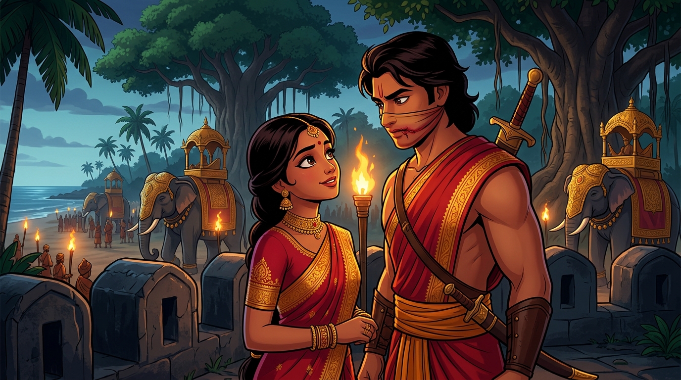 Princess Kanakalekha gazes in wonder and deep love at her savior recognizing imperial bearing