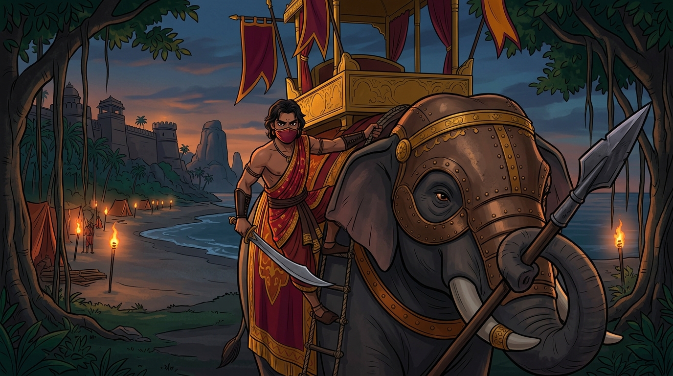 Mantragupta mounts colossal royal tusker Airavatavarma armored in bronze plates brandishing war pike