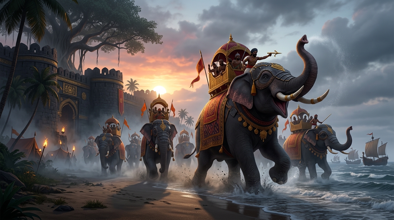 Dawn breaks: Earth trembles as fifty armored war elephants charge through morning mist sounding trumpets