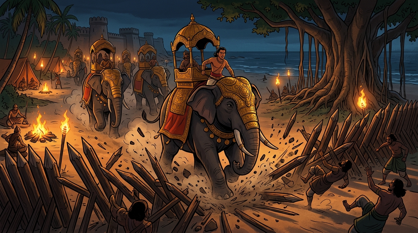 Dynamic battle: Mantragupta leads unstoppable elephant cavalry through siege barricades scattering enemy