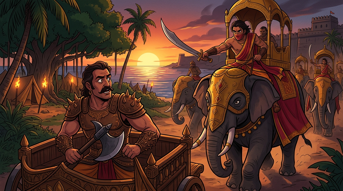 King Kardana trapped on war chariot gazes in shock at sudden charge of elephant brigades