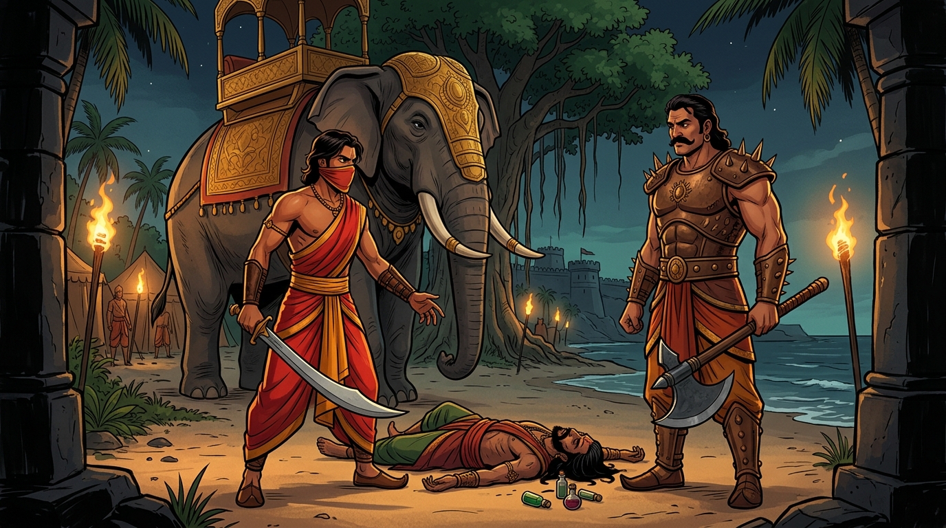 Climax: Mantragupta dismounts presenting slain sorcerer body and seized poison vials before King Kardana