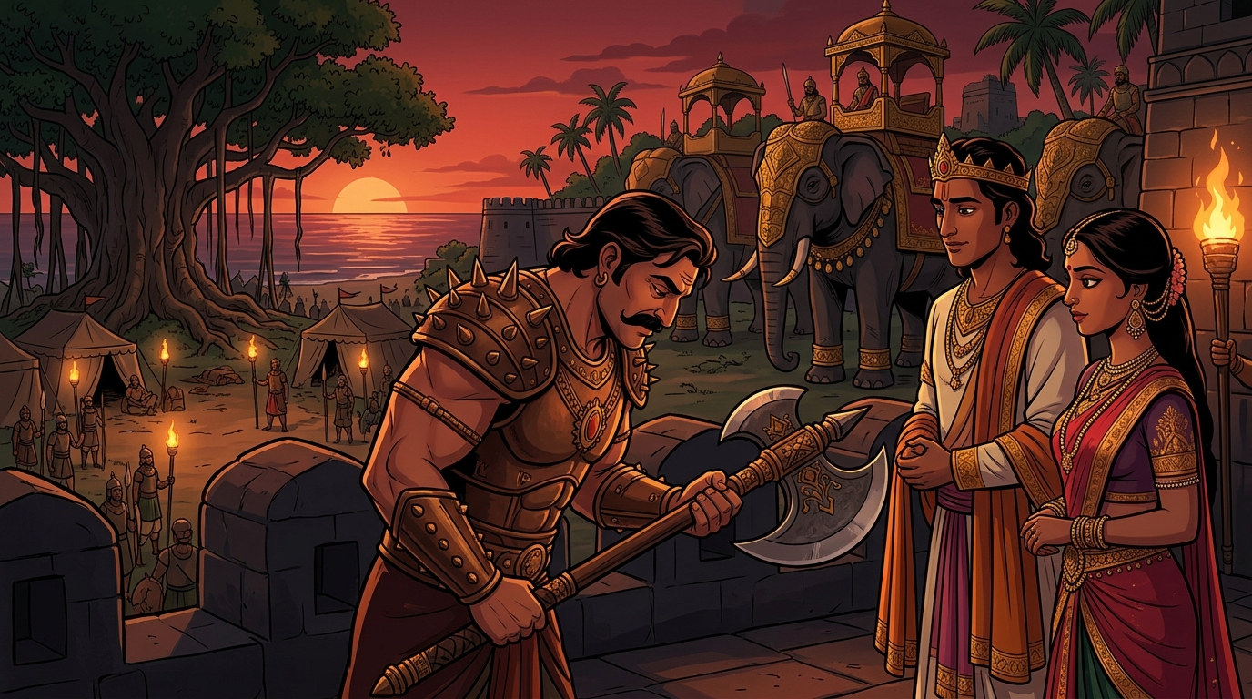 Repentance and honor: Overcome with awe King Kardana yields battle-axe bowing before Mantragupta