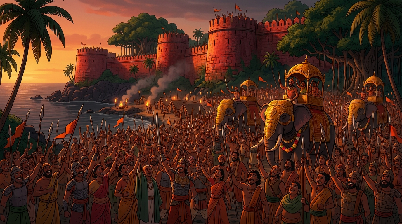 Cheering victory assembly: United citizens and warriors of Kalinga and Andhra raise spears celebrating peace