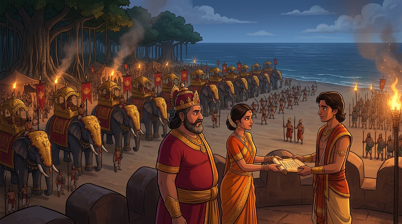 Joint military pact: King Kardana and Princess Kanakalekha pledge forty thousand elephant troops to Magadha