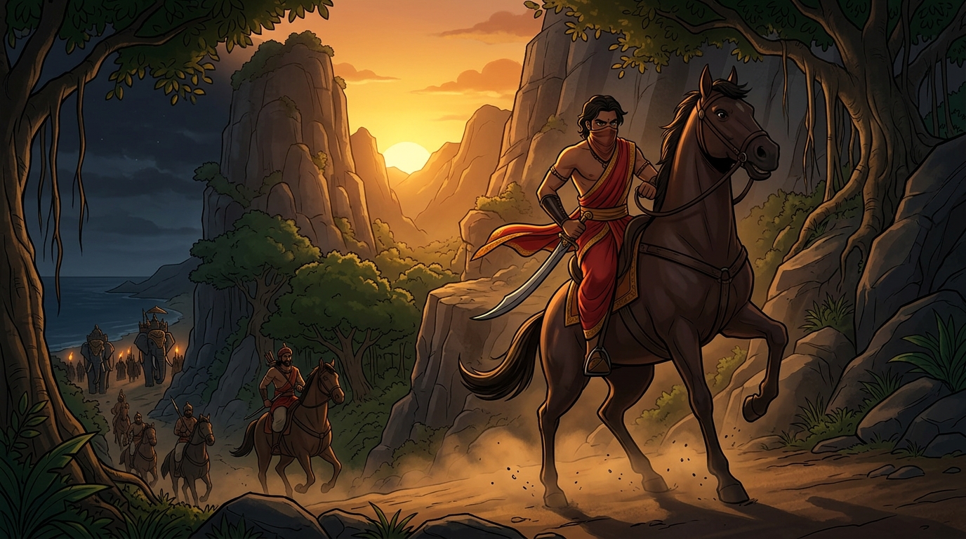 Prince Mantragupta mounts war steed riding westward through mountain passes toward Vindhyas