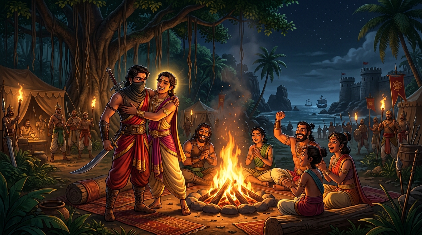 Campfire reunion in Vindhyatavi: Mantragupta arrives embraced by Rajavahana and eight companion princes