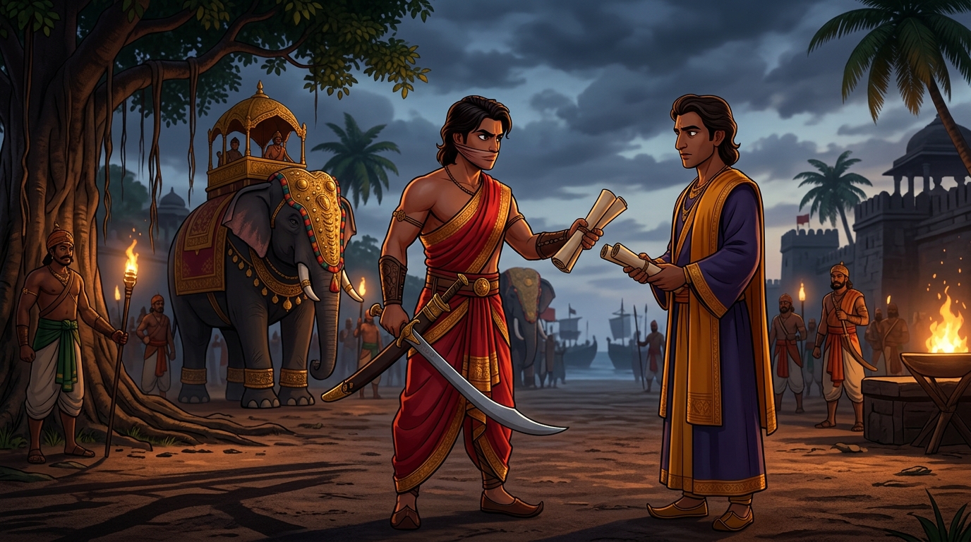 Mantragupta presents dual elephant treaties of Kalinga and Andhra to Crown Prince Rajavahana