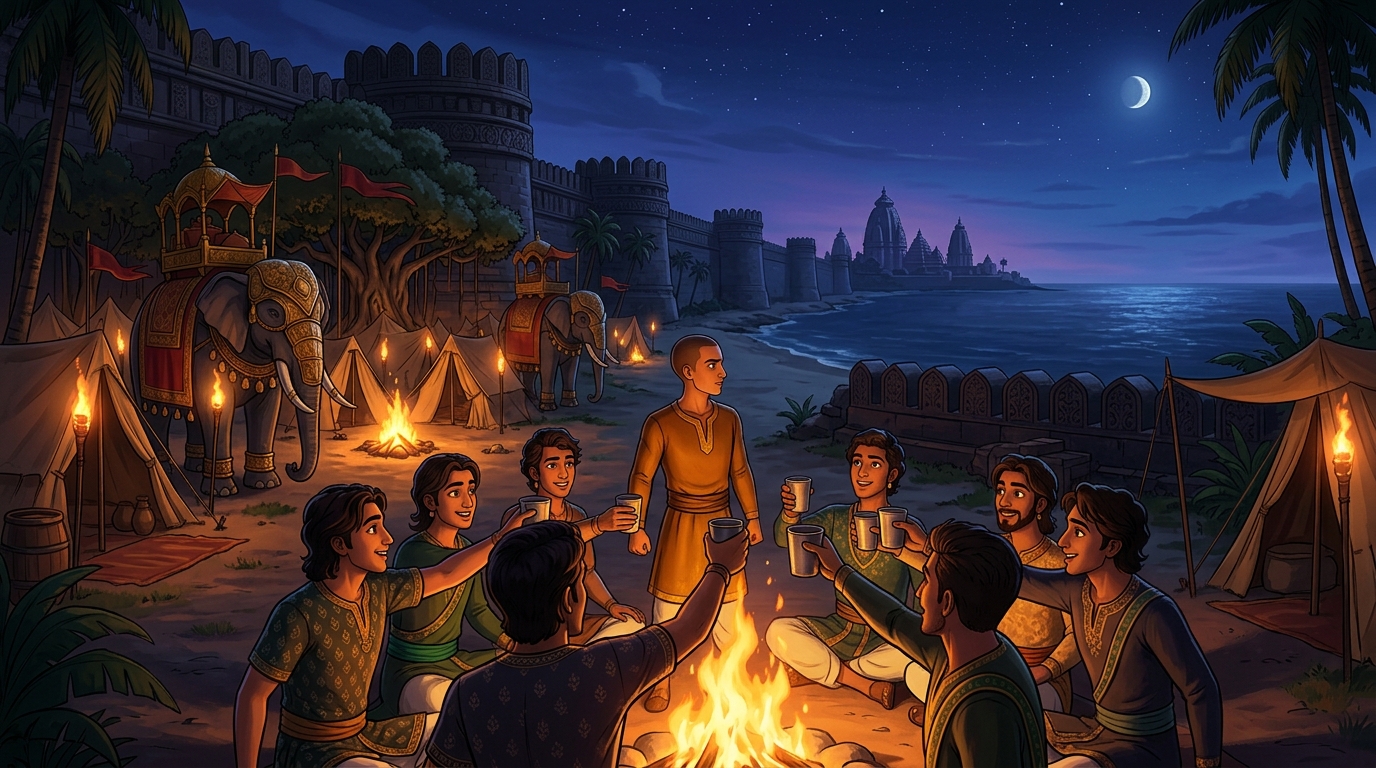 Closing wide shot: Nine companion princes raise swords as Rajavahana turns toward Vidarbha for Vishruta