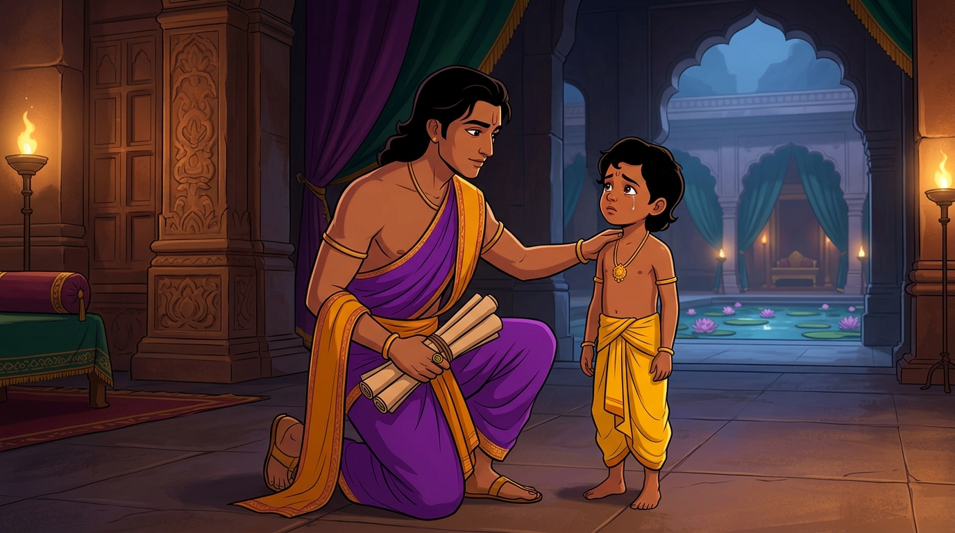 Vishruta kneels gently before the weeping child prince placing a protective hand upon his shoulder