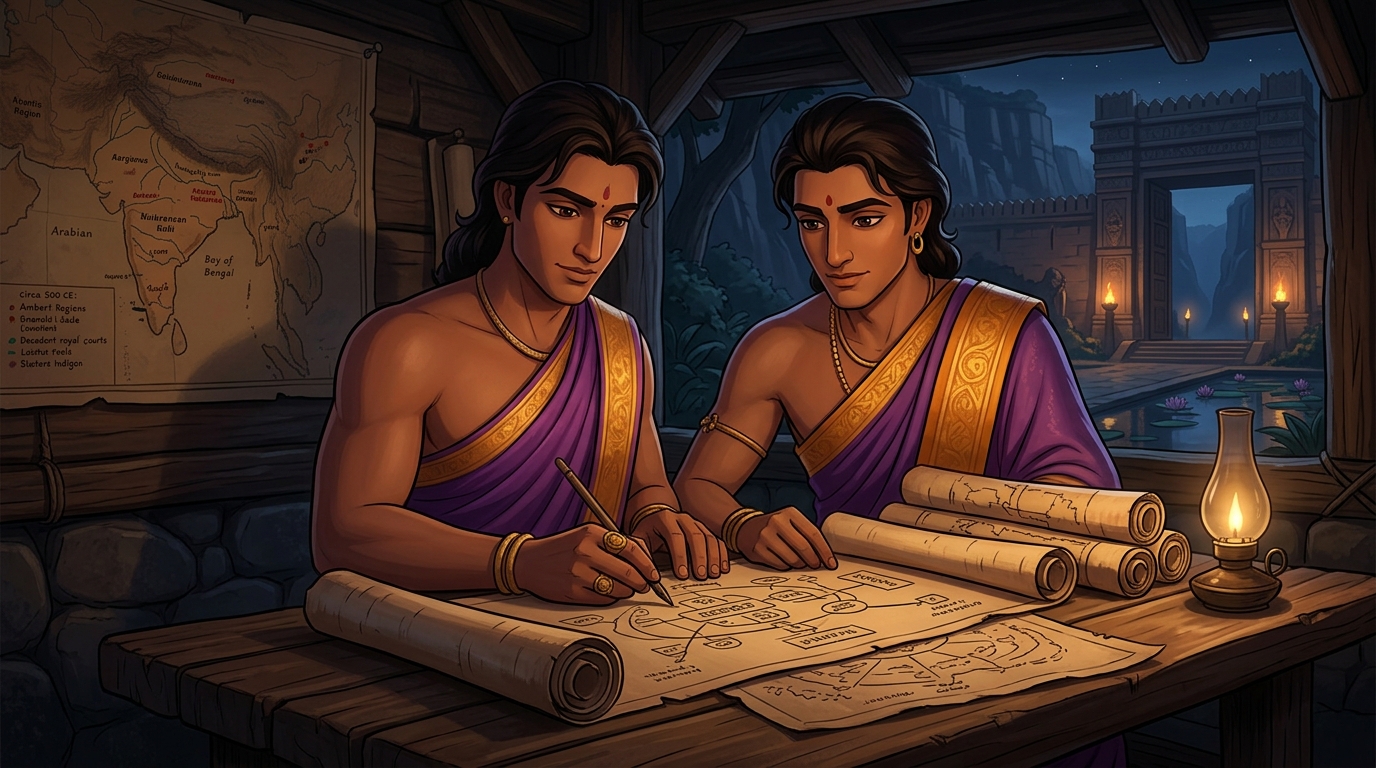 Night scene: Vishruta in secret shelter drafting multi-phase counter-espionage campaign on birch-bark scrolls