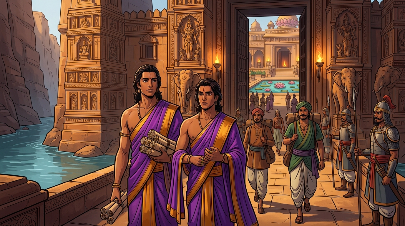Disguised as wealthy philosopher-statesman Vishruta enters grand gates of Mahishmati with merchant escorts
