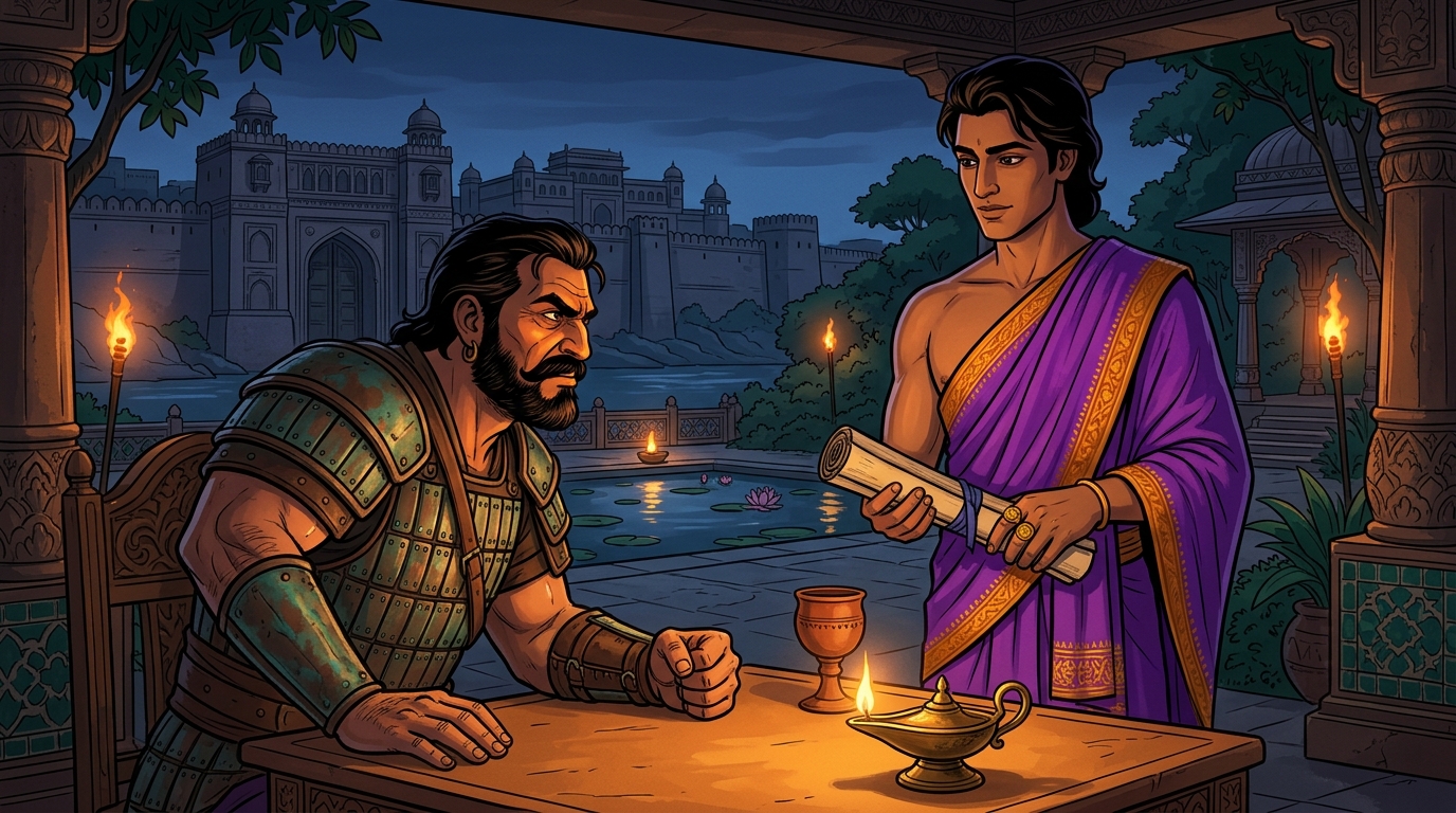 Secret meeting: Vishruta meets warlord Vasantabhanu convincing him Chandrapalita plans to seize his lands