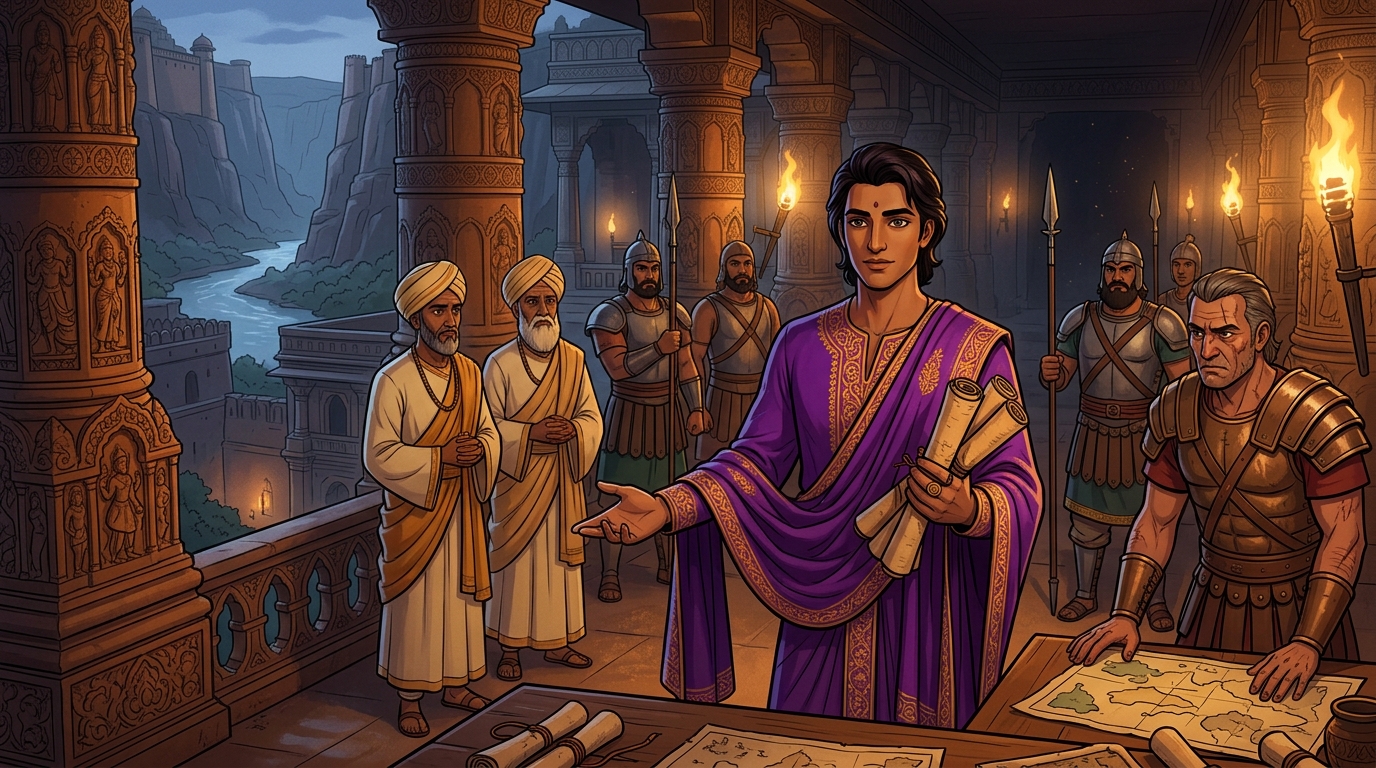 In shadows: Vishruta coordinates with loyalist palace guards and veteran commanders mourning King Punyavarma