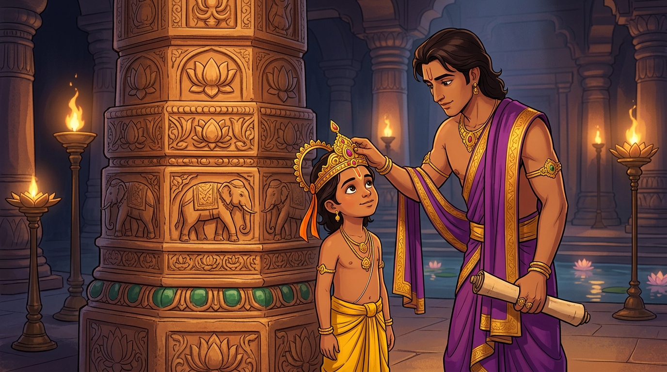 Preparing revelation: Vishruta brings child prince Bhaskaravarma to sanctuary inside grand temple of Mahishmati