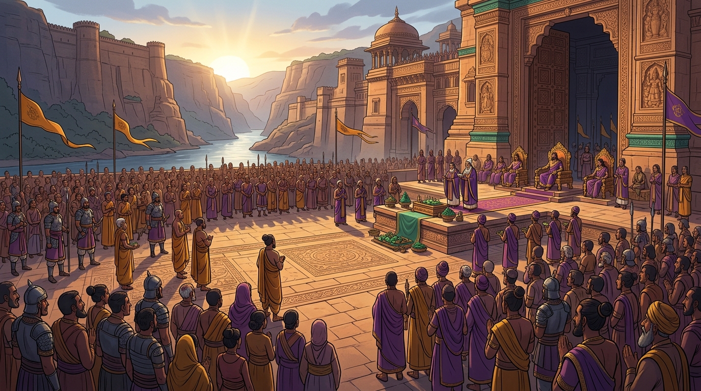 Grand royal temple courtyard of Mahishmati at dawn: Thousands assemble for annual state sacrifice