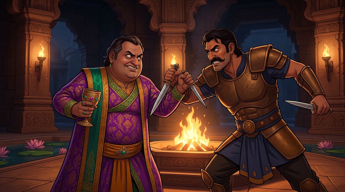 Climax confrontation: Chandrapalita and Vasantabhanu draw daggers in public brawl over treasury keys