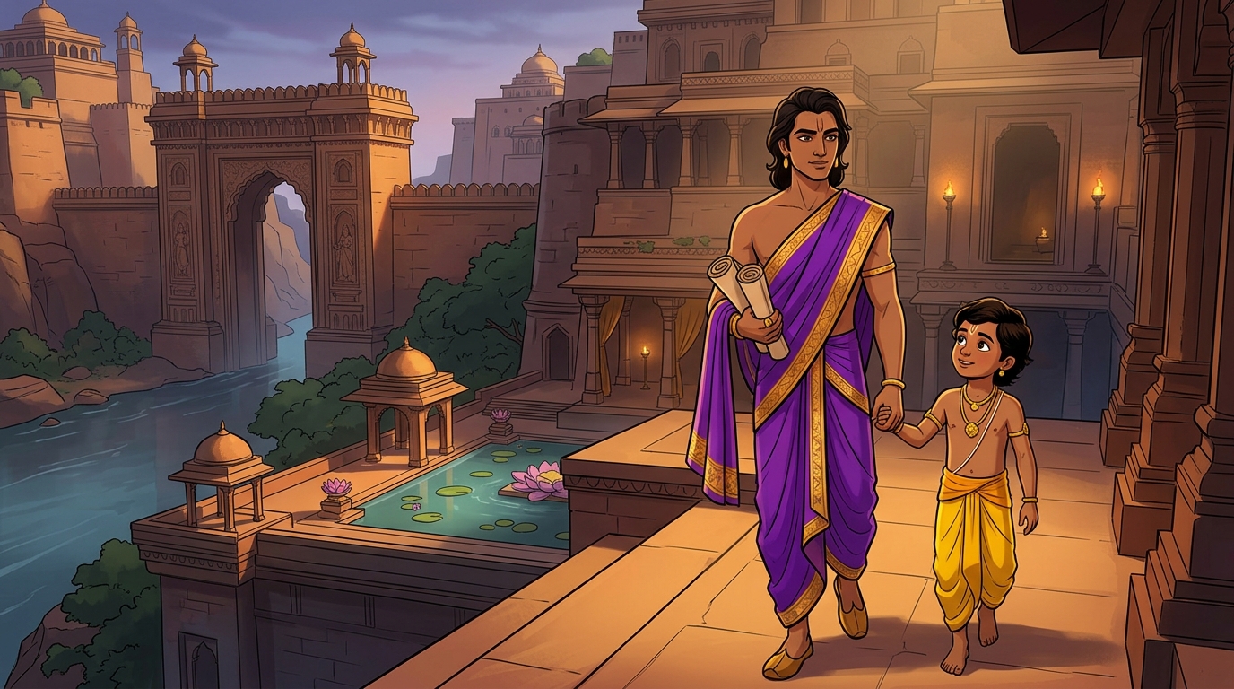 Dramatic entrance: Prince Vishruta steps forward leading young Prince Bhaskaravarma commanding silence
