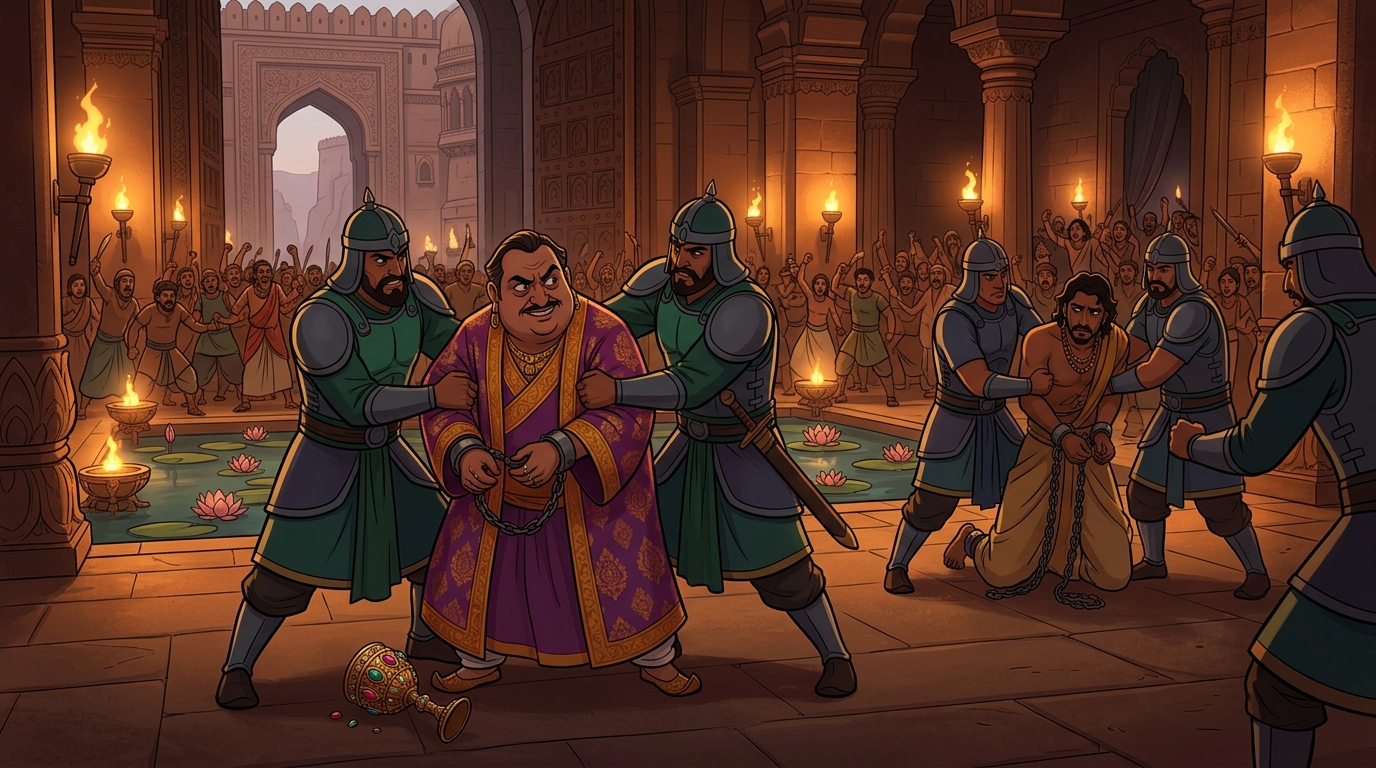 The royal army and citizens erupt in fury! Guards seize Chandrapalita and Vasantabhanu in chains