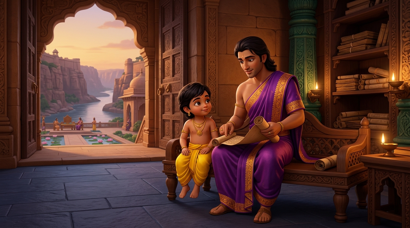 In palace library: Vishruta gently instructs young King Bhaskaravarma in principles of just governance
