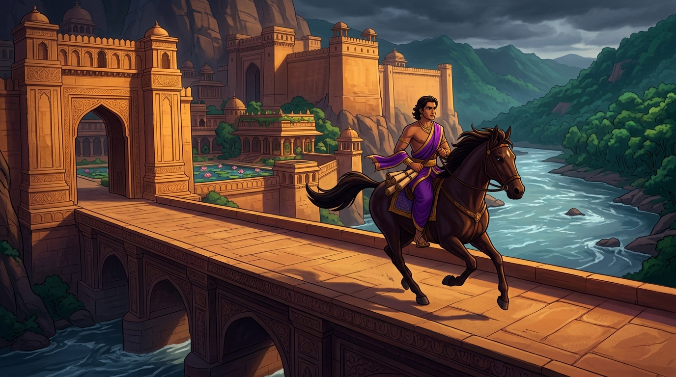 Prince Vishruta mounts magnificent stallion galloping north across Narmada River into dense Vindhyas