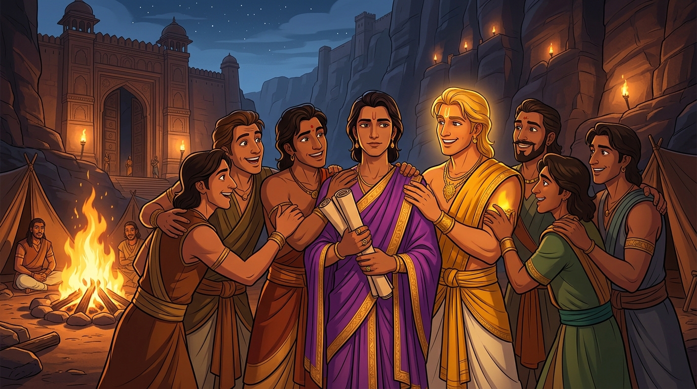 Campfire reunion: Vishruta arrives at blazing campfire greeted by Rajavahana and all eight companion princes