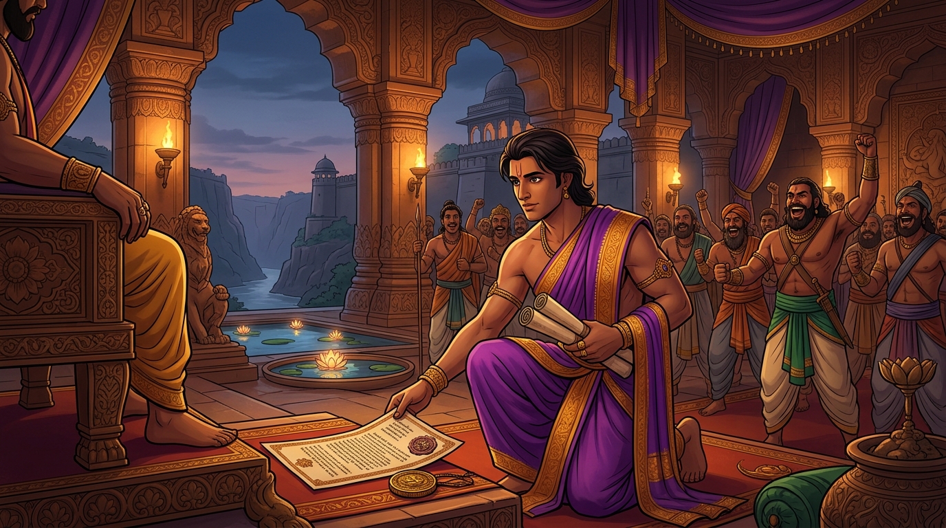 Vishruta places imperial charter of Vidarbha and seal of Mahishmati at Rajavahana feet