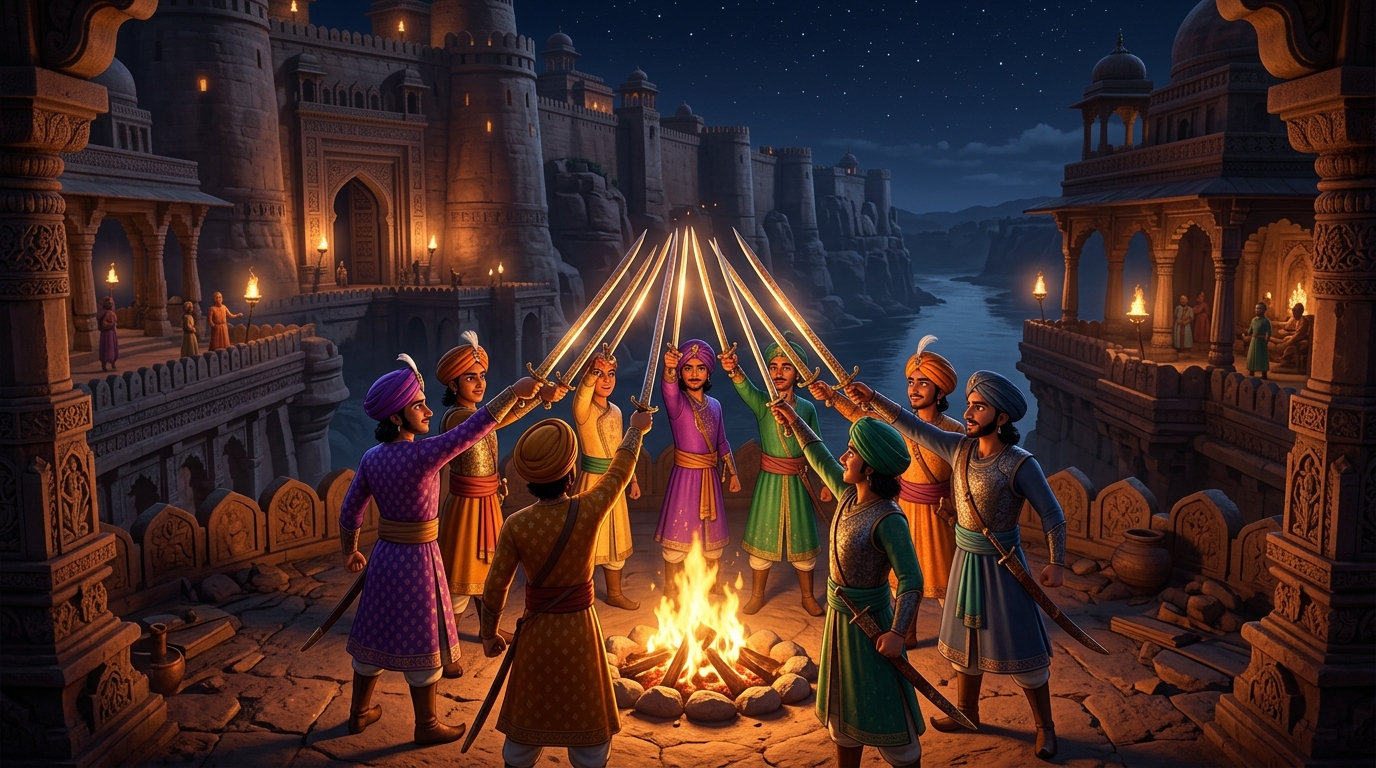 The ten companion princes draw swords together in circle around campfire beneath starlit sky