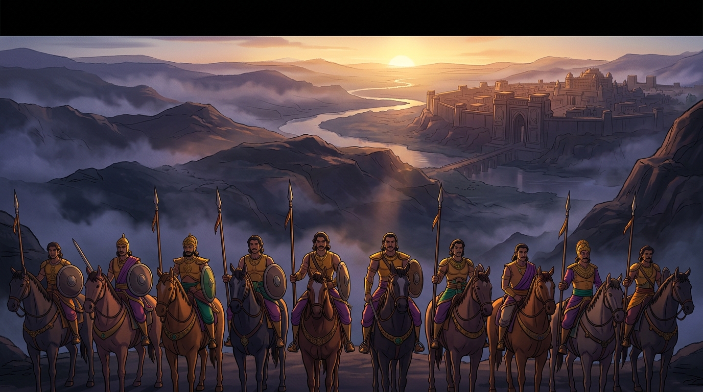 Epic closing shot: Ten companion princes mounted on war steeds atop misty mountain ridge at sunrise looking toward Magadha