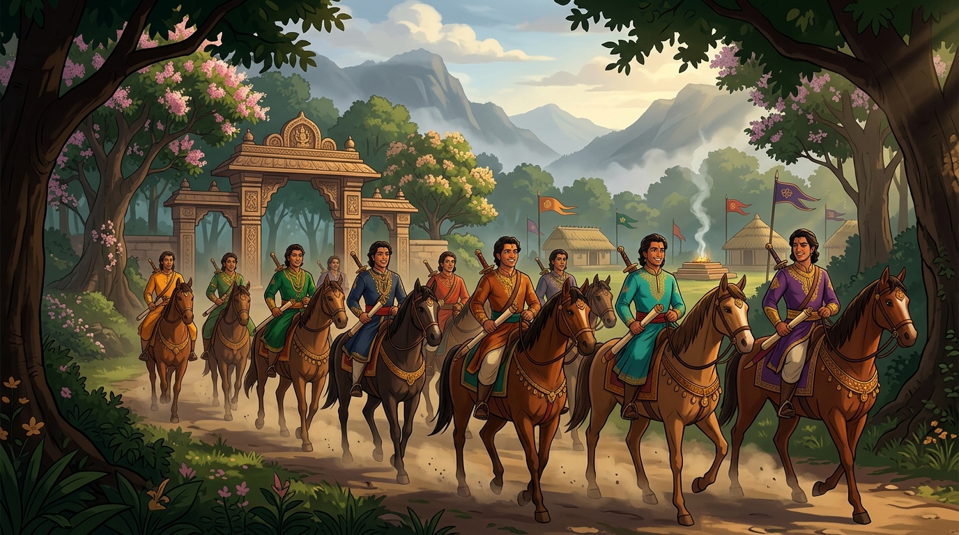The Ten Companion Princes ride together in majestic formation entering the hermitage gates with victorious smiles