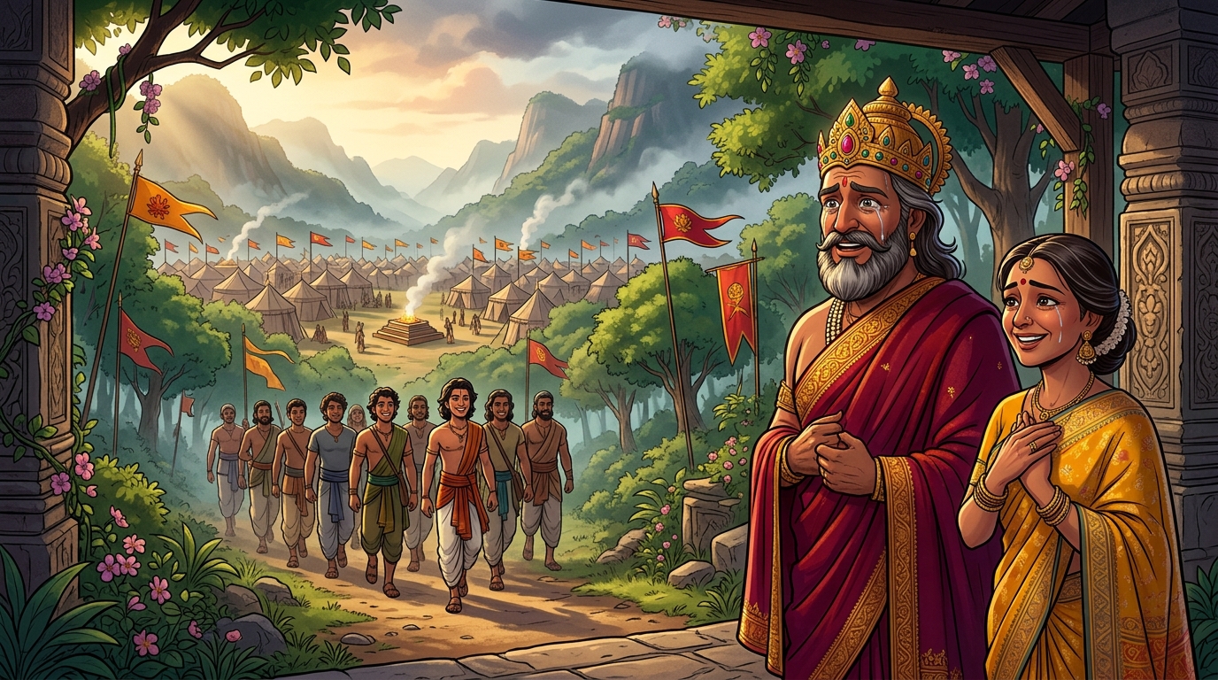 King Rajahamsa and Queen Vasumati stand at hermitage entrance gazing in joy at their returning son and princes