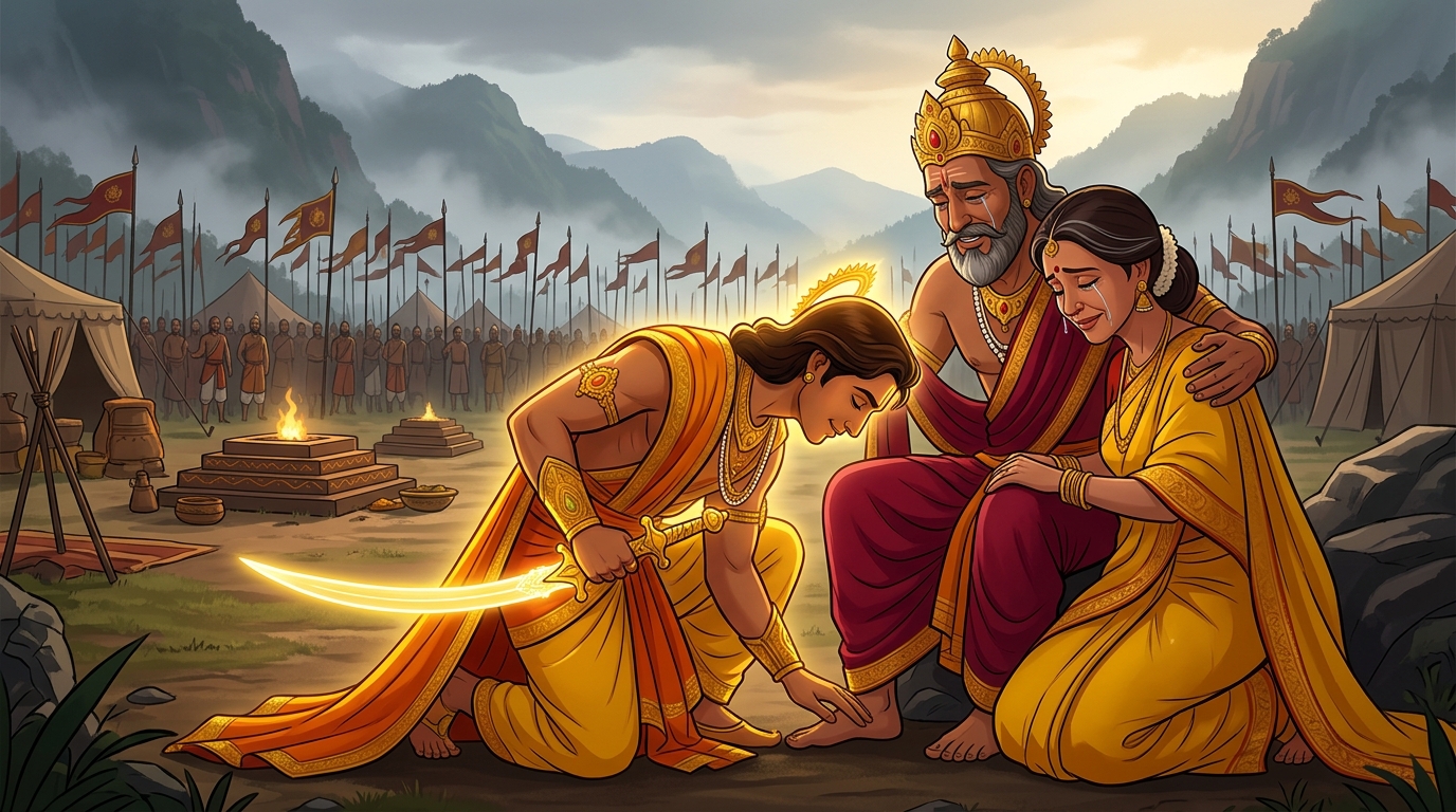 Emotional reunion: Rajavahana dismounts bowing touching parents feet who embrace him tightly