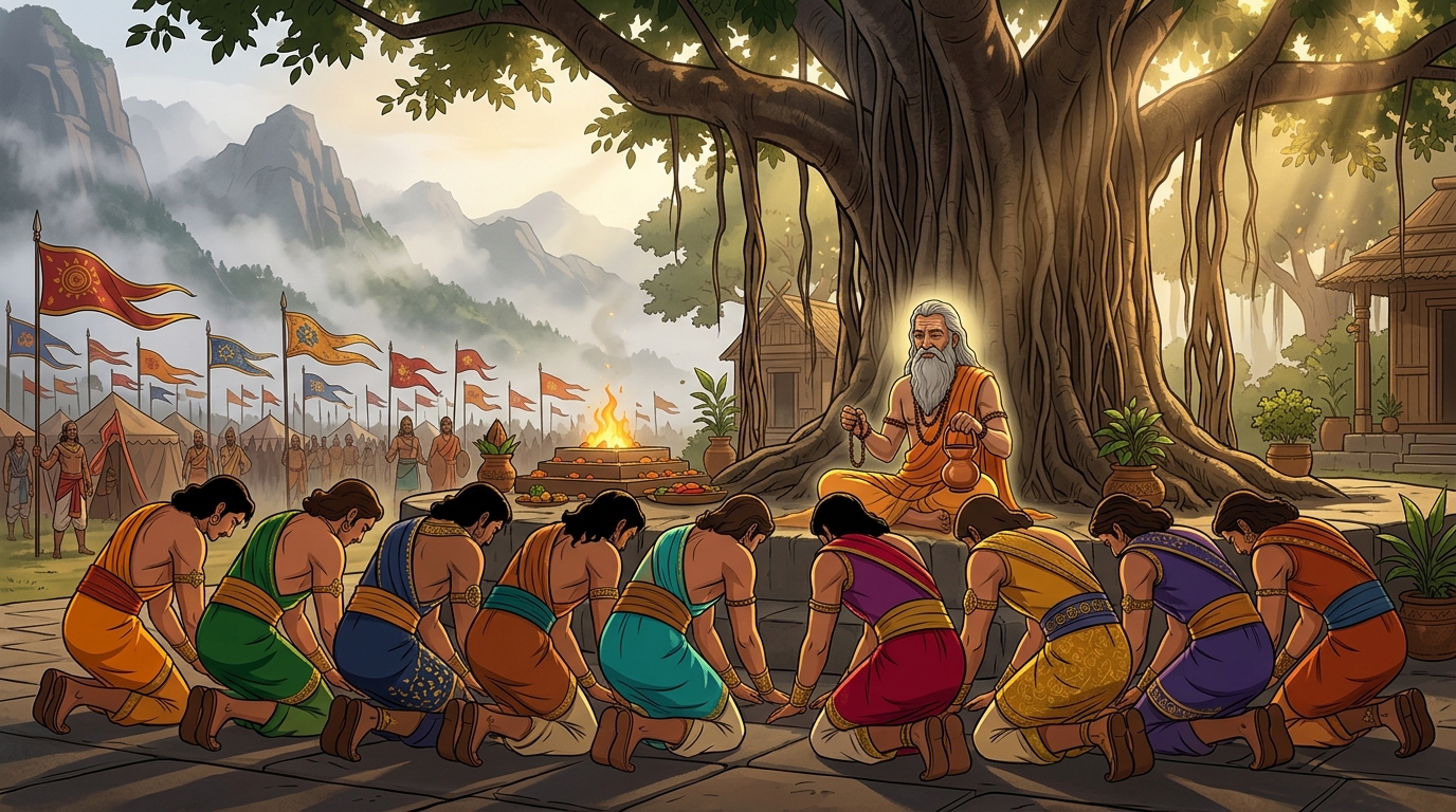 All ten princes kneel respectfully before Maharishi Vamadeva touching his feet with folded hands
