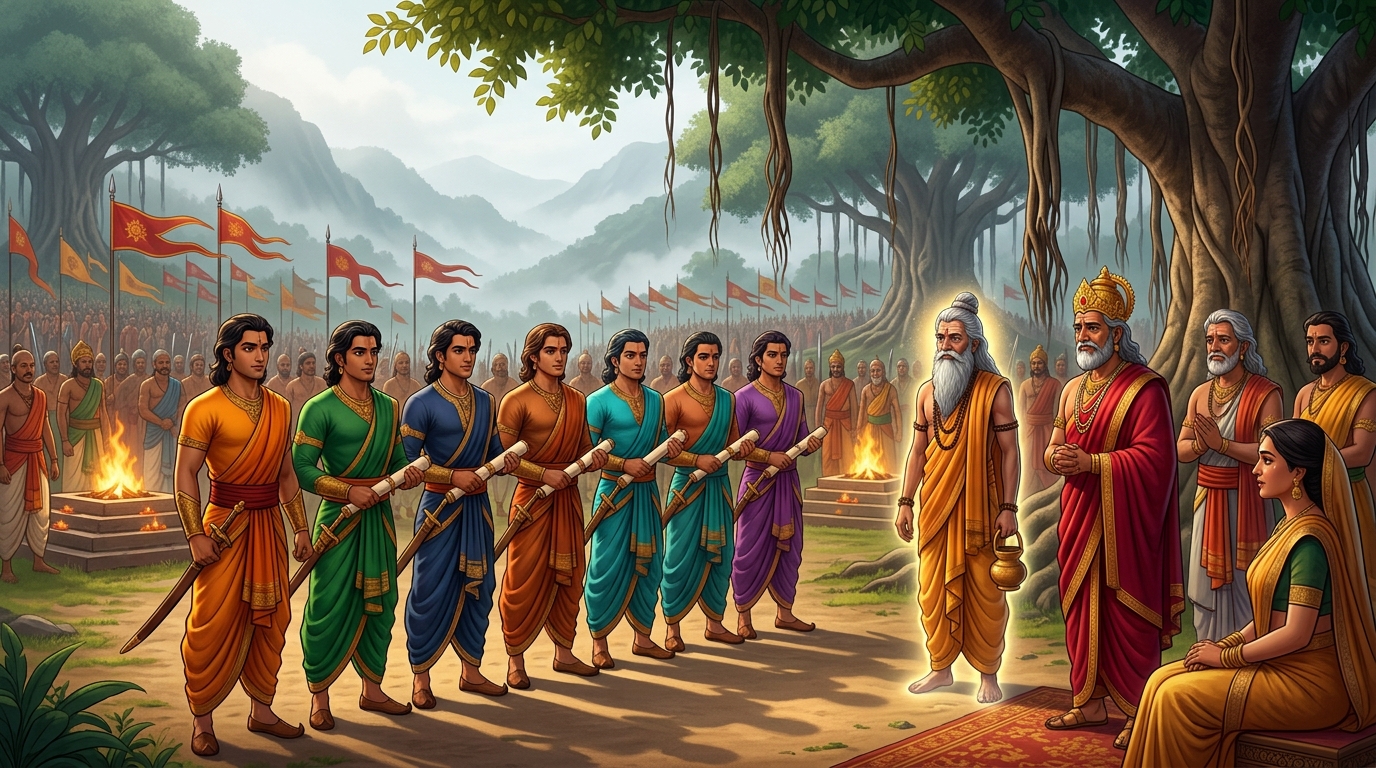 Assembly under banyan tree: The ten princes present imperial charters and treaties before King and Sage