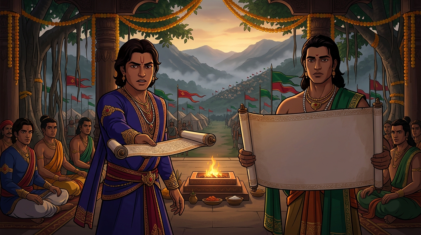 Apaharavarman presents alliance of Anga, Upaharavarman presents charter of Mithila with 20,000 troops