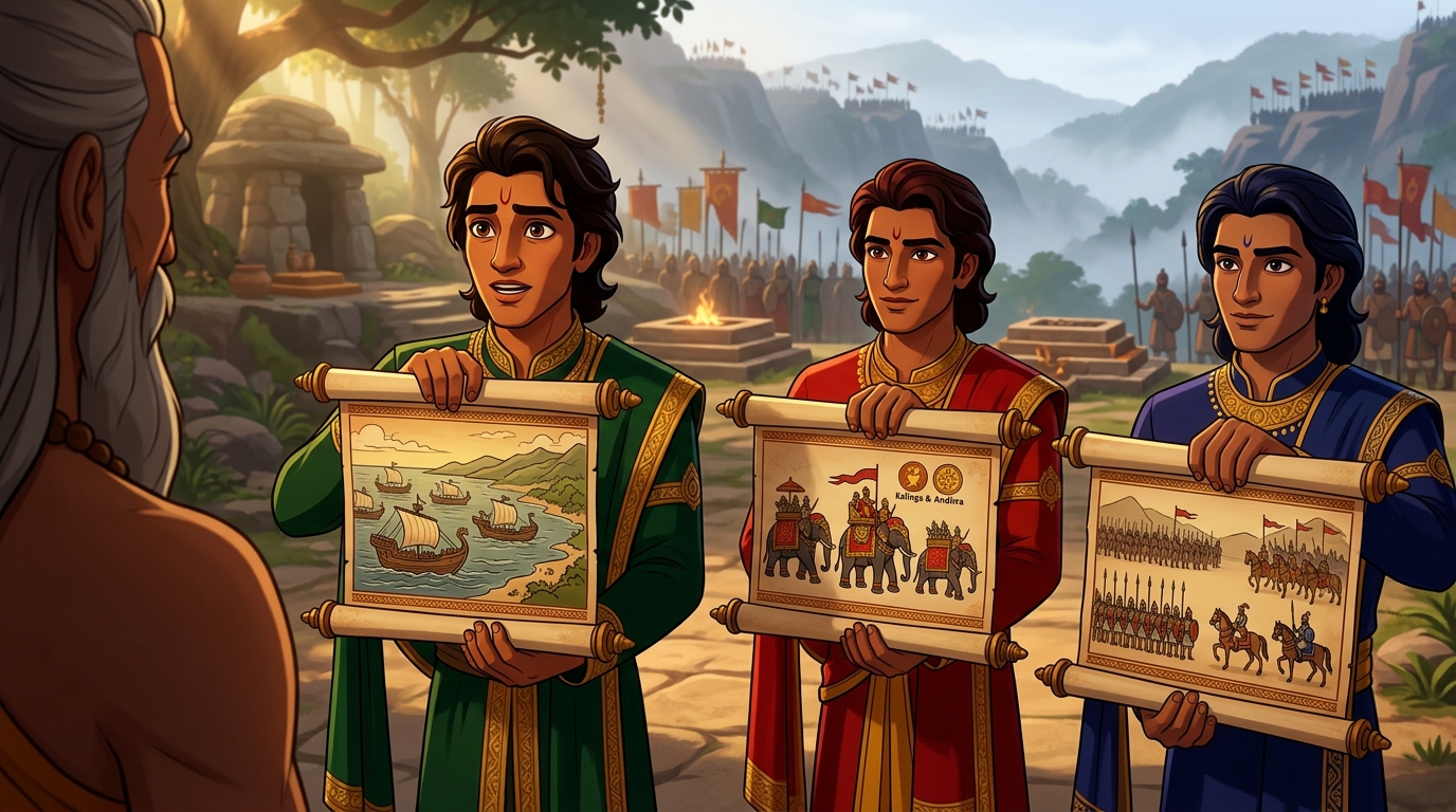 Mitragupta presents Suhma treaty, Mantragupta presents Kalinga elephants, Vishruta presents Vidarbha treaty