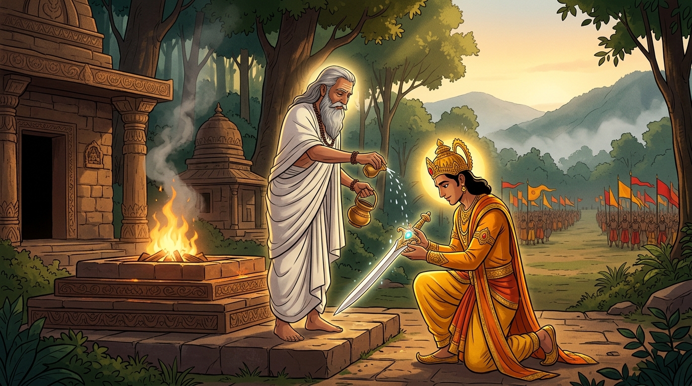 Consecration of the Sword: Sage Vamadeva sprinkles holy water on Rajavahana sword affixing Chintamani gem