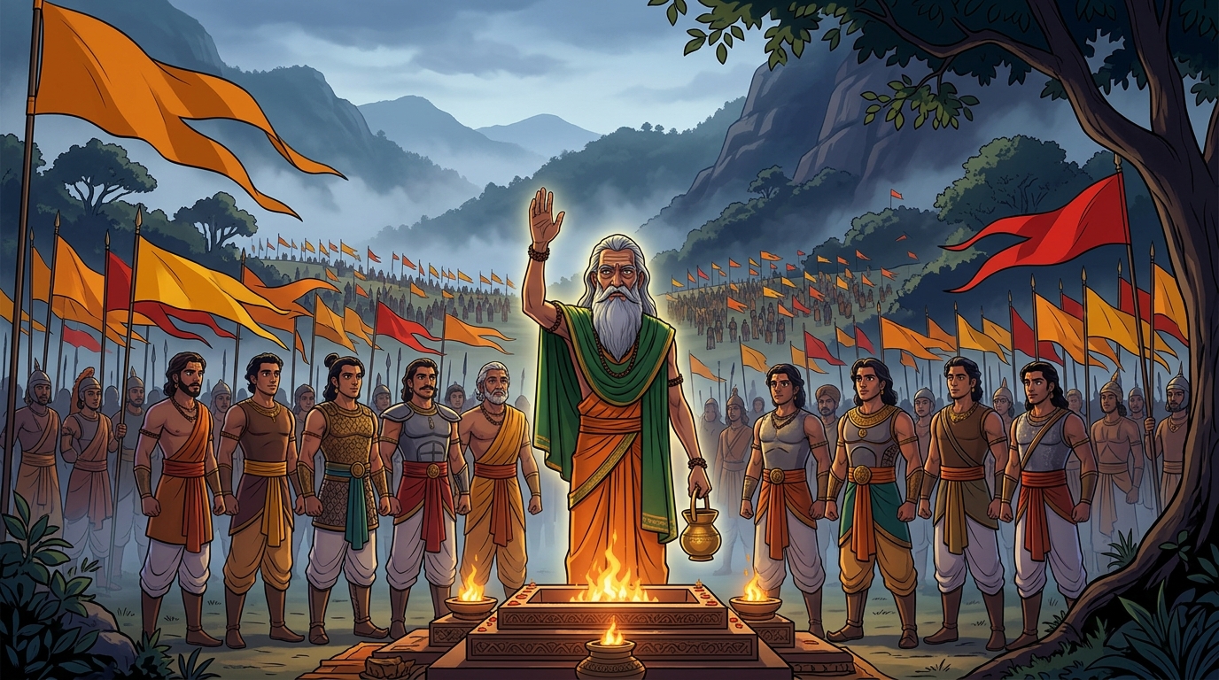 Prophetic blessing: Sage Vamadeva raises hand declaring the ten princes invincible across Bharat