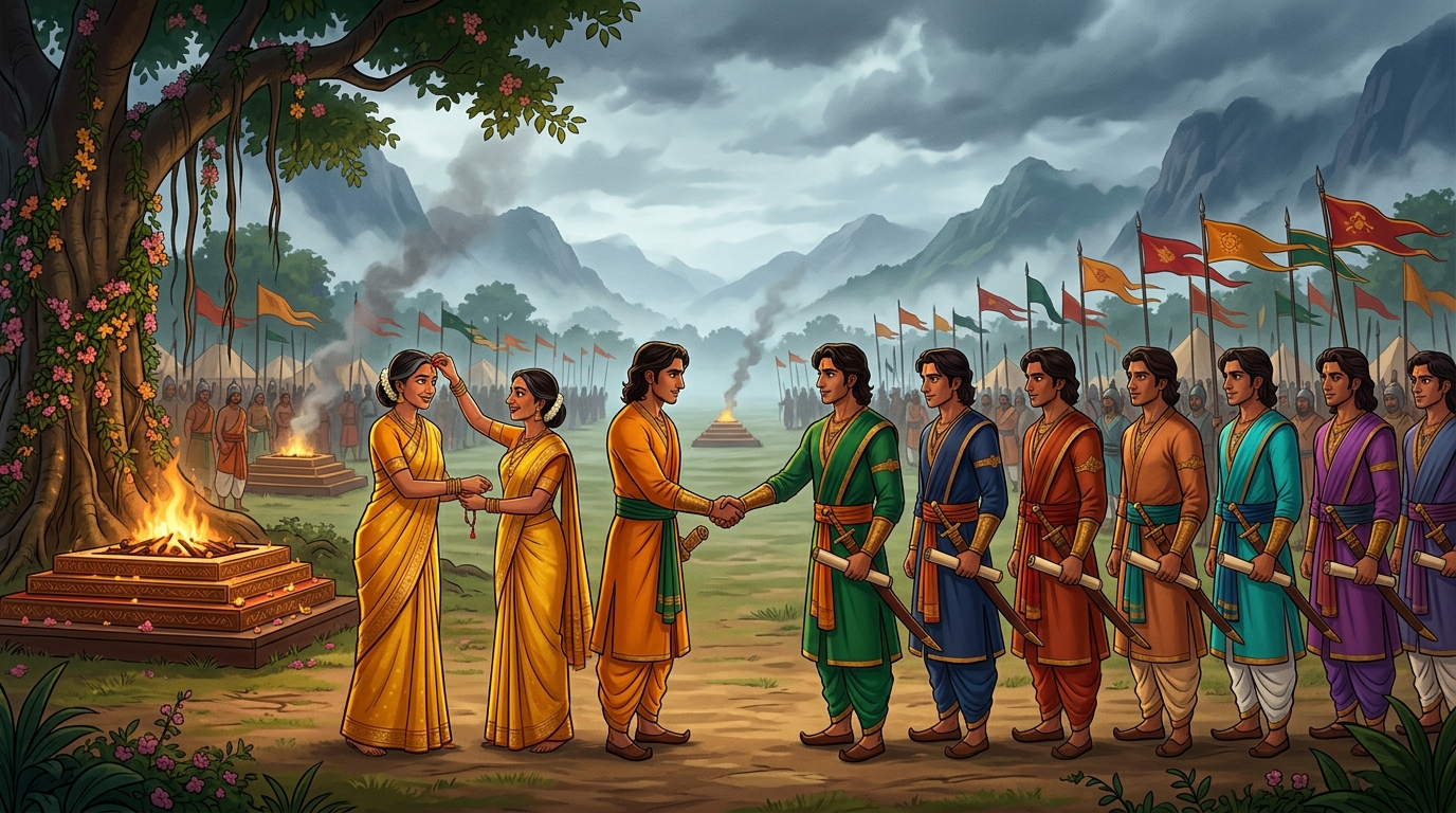 Queen Vasumati applies auspicious red tilak on foreheads of all ten princes tying gold raksha-sutras