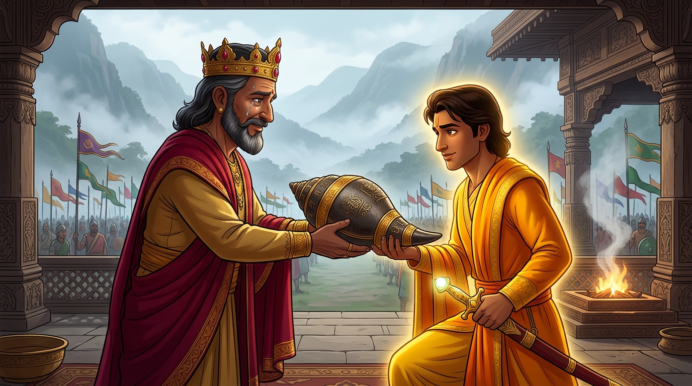 King Rajahamsa formally hands over imperial war conch of Magadha to Crown Prince Rajavahana