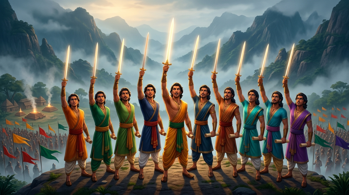 The ten princes raise glowing blades into sky in triumphant salute as temple conches sound