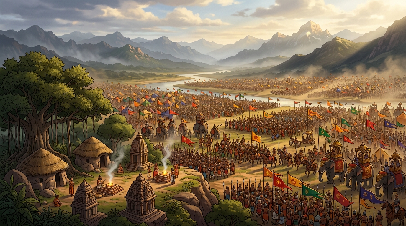 Breathtaking wide shot: Vast river plains below Vindhya mountains filled to horizon with 200,000 warriors