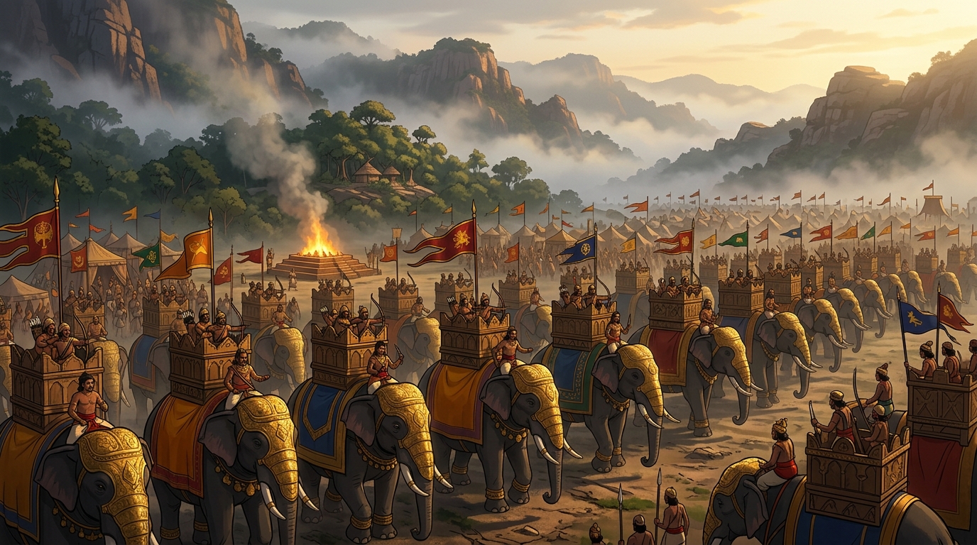 Armored elephant corps: Hundreds of colossal war elephants from Kalinga with gilded armor and archer towers