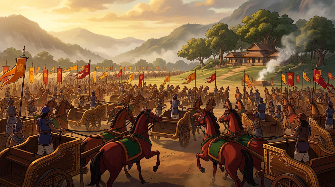 Golden chariot brigades: Thousands of swift war chariots from Vidarbha, Mithila, and Kosala gleaming